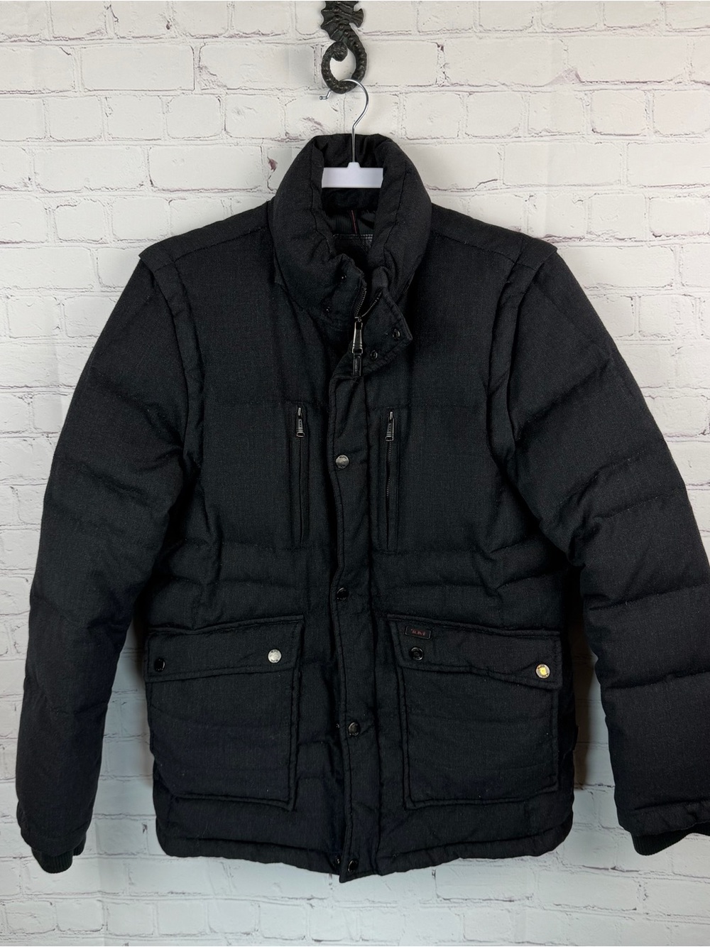 Tumi Black Quilted Wool Cashmere Blend Convertible Down Jacket Small Quiet Luxe